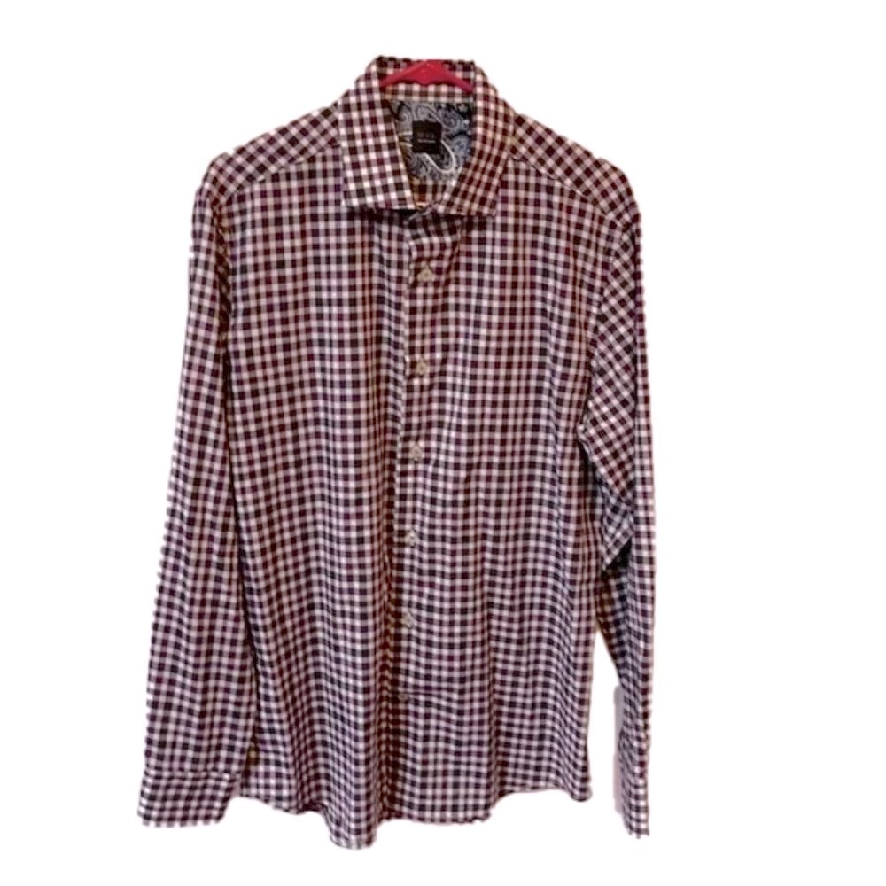 BLACK SAKS FIFTH AVE purple and white plaid mens button down NWOT